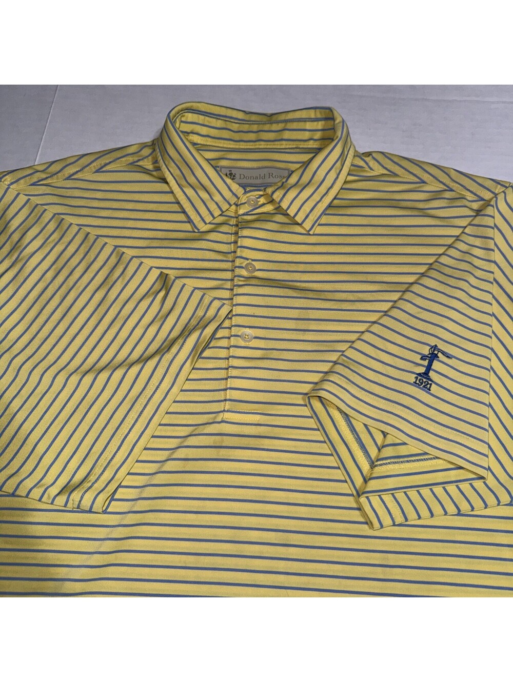 Donald Ross Striped Golf Polo Shirt Top Men L Yellow Blue Collared Short Sleeve